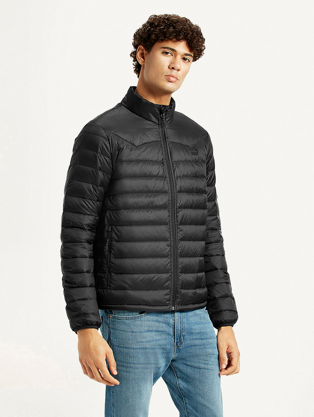 Men's Quilted Black Slim Fit Puffer Jacket - Side View