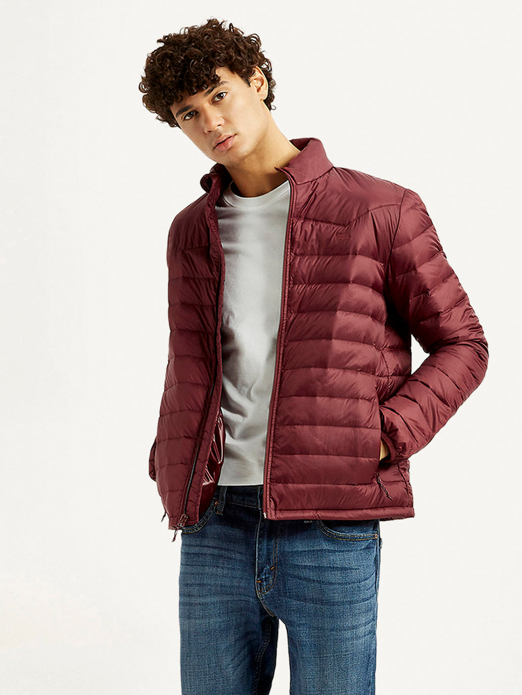 Men's Solid Maroon Puffer Jacket - Styleshot View