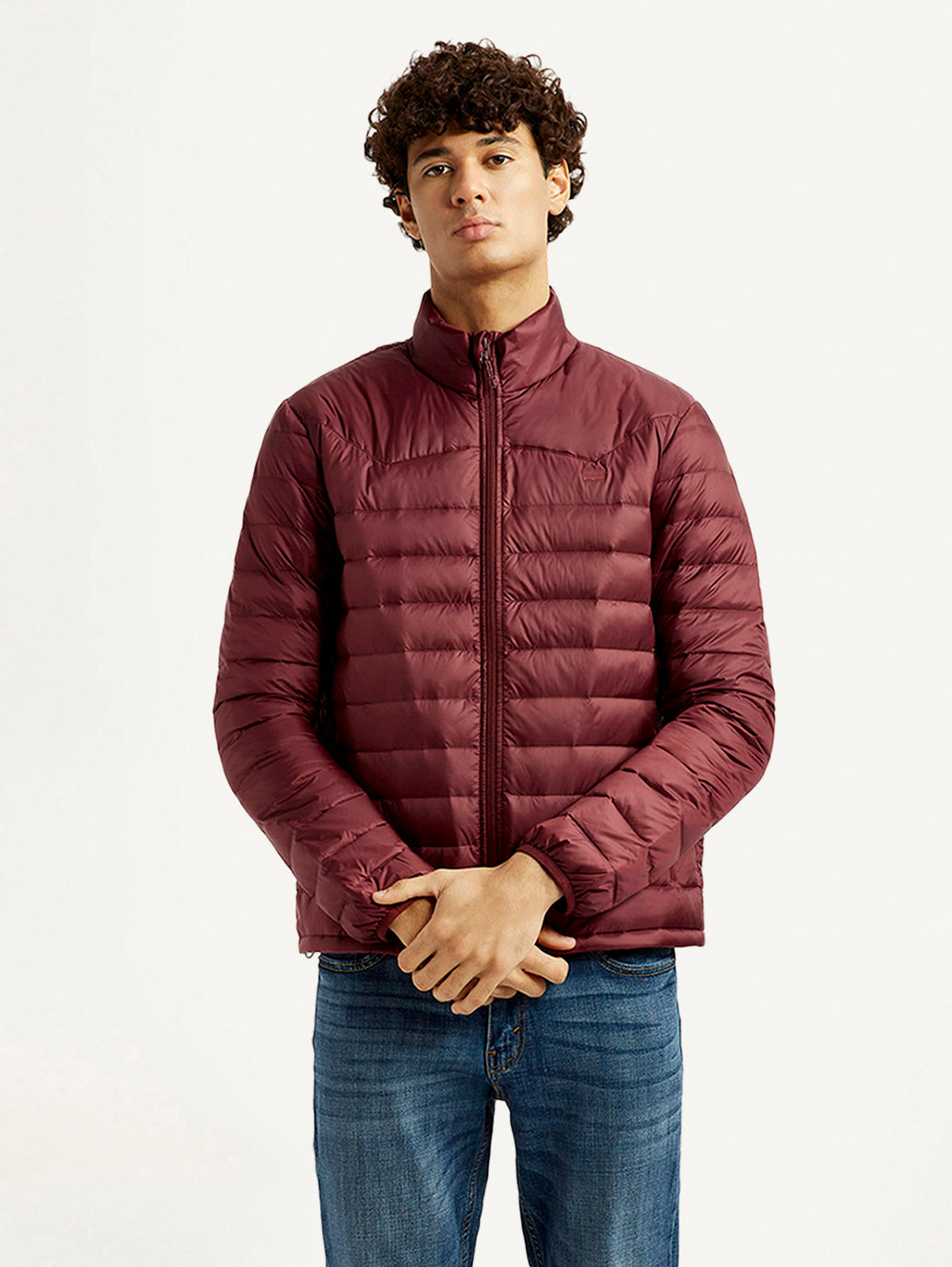 Men's Solid Maroon Puffer Jacket - Front View