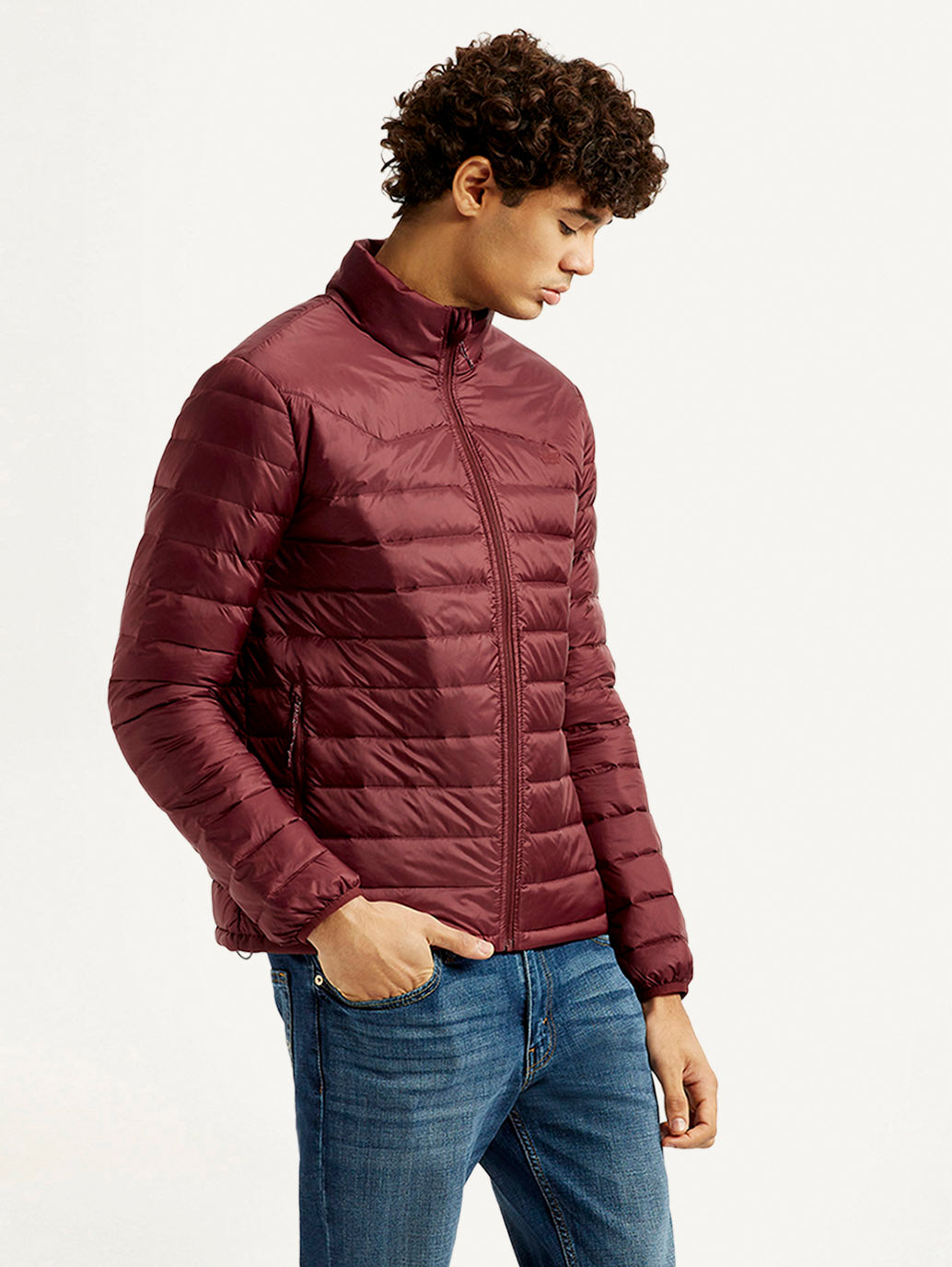Men's Solid Maroon Puffer Jacket - Side View