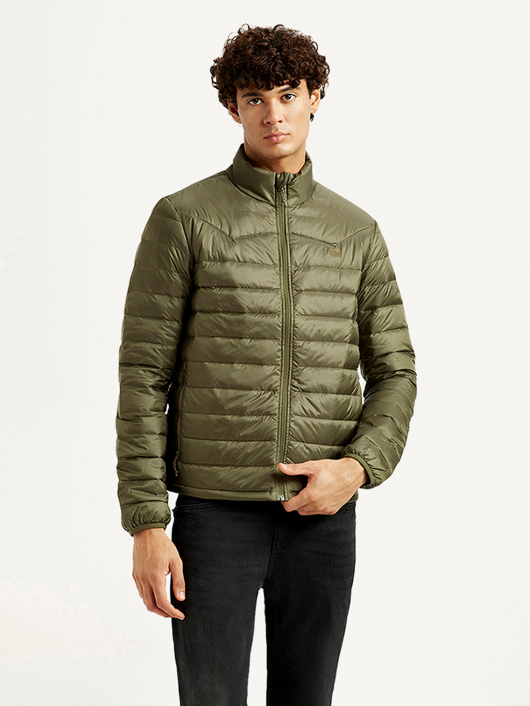 Men's Quilted Olive Puffer Jacket - Front View