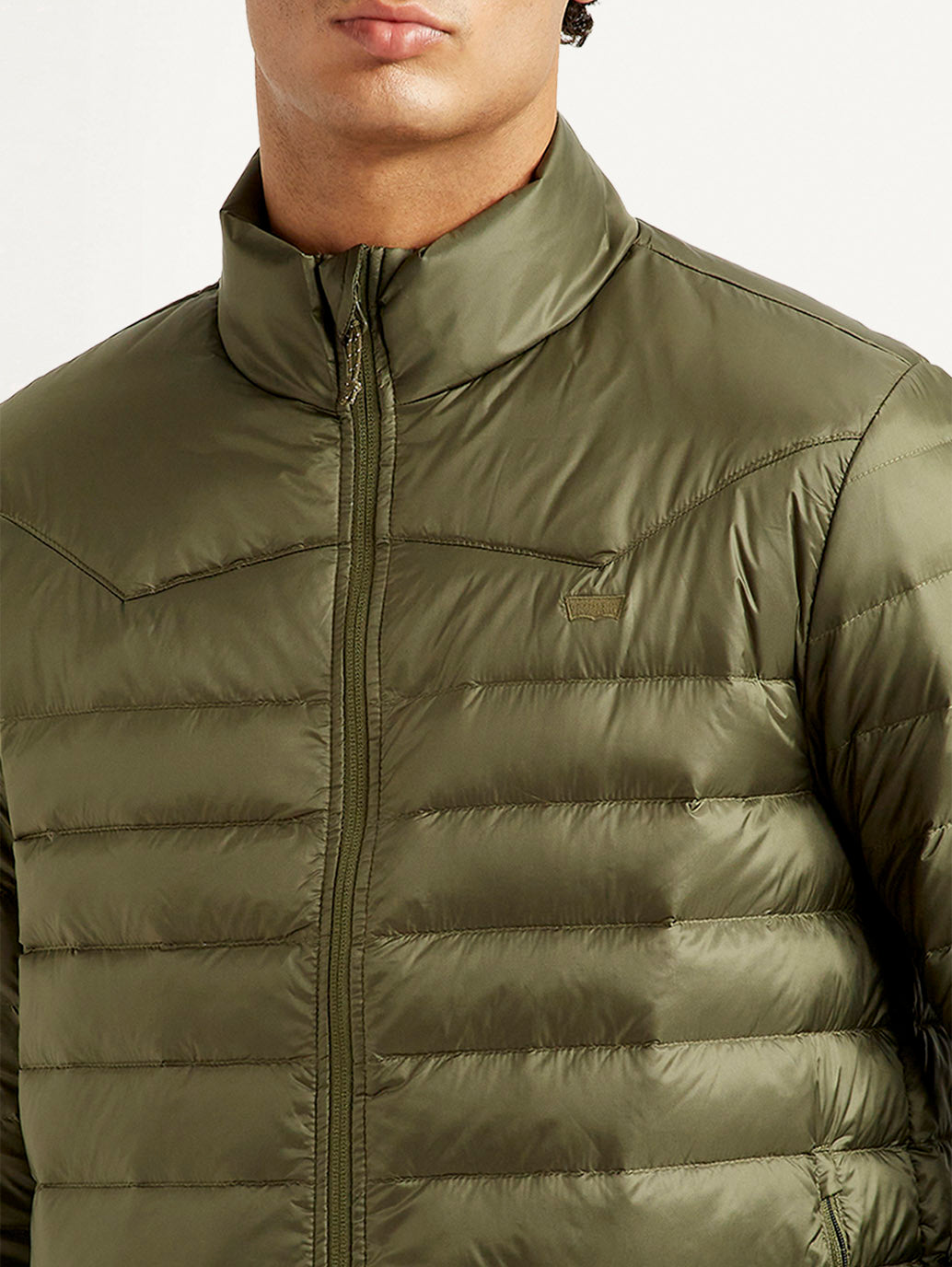 Men's Quilted Olive Puffer Jacket - Detail View