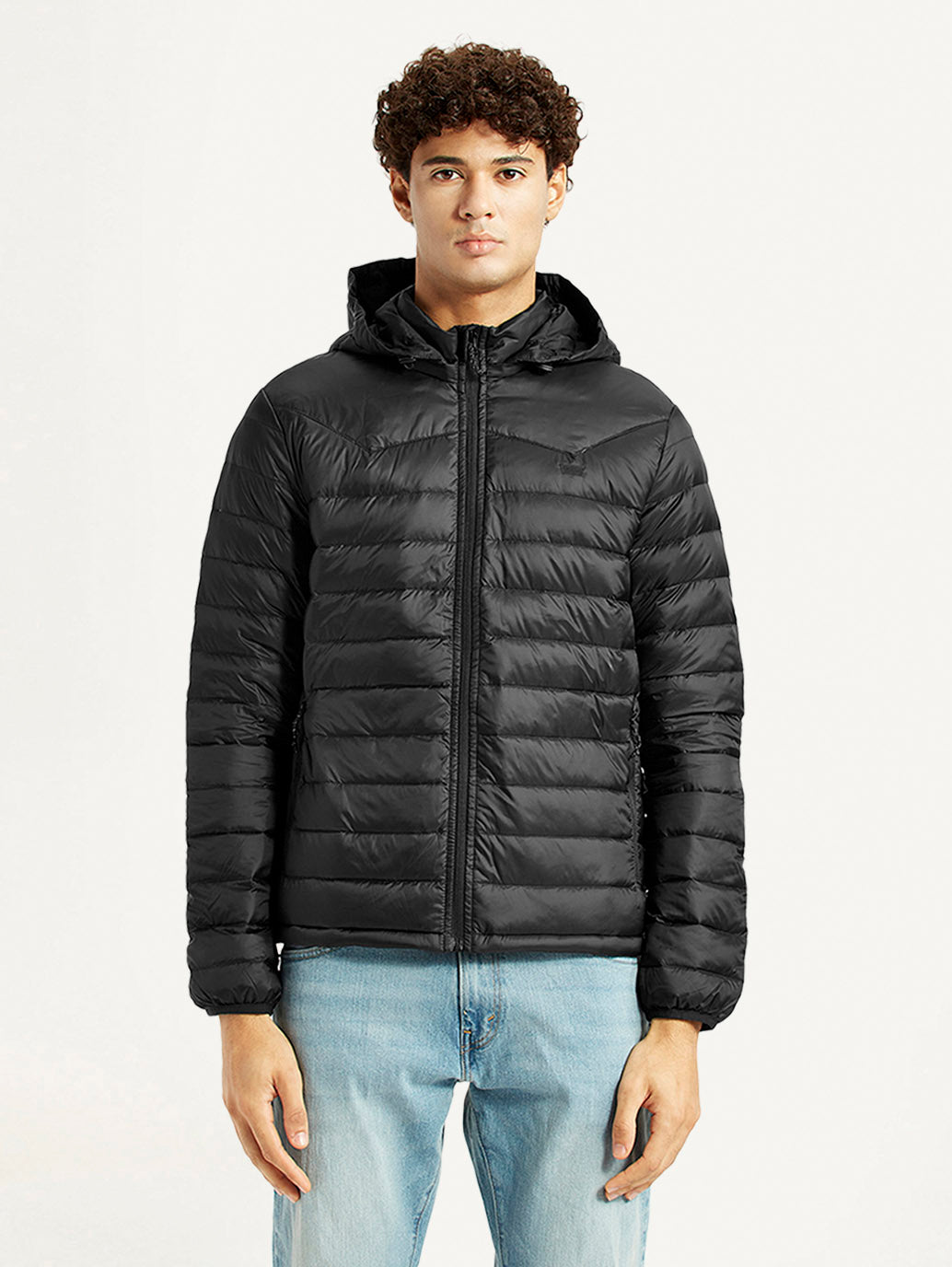 Men's Quilted Black Slim Fit Puffer Jacket - Front View
