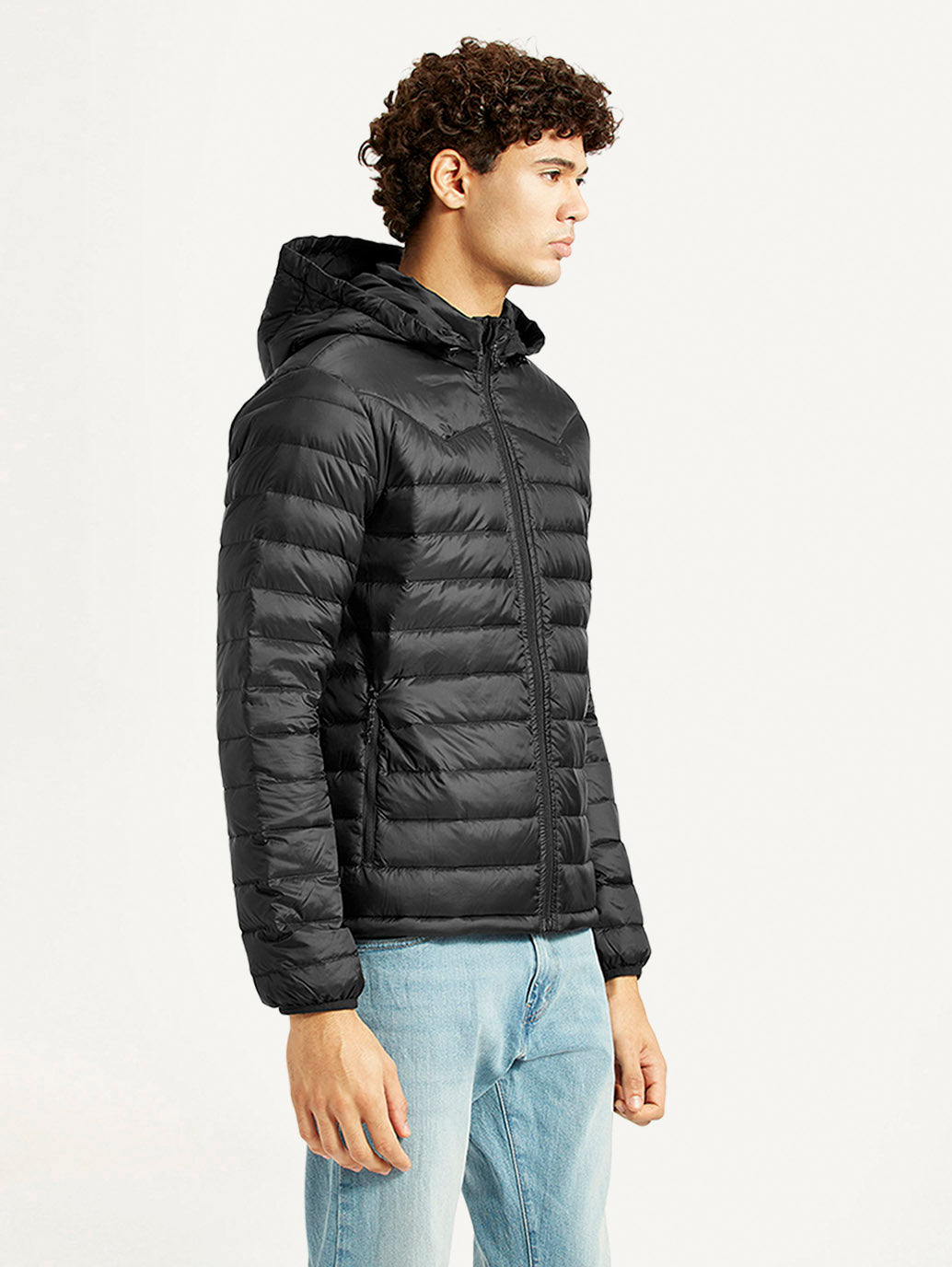 Men's Quilted Black Slim Fit Puffer Jacket - Side View