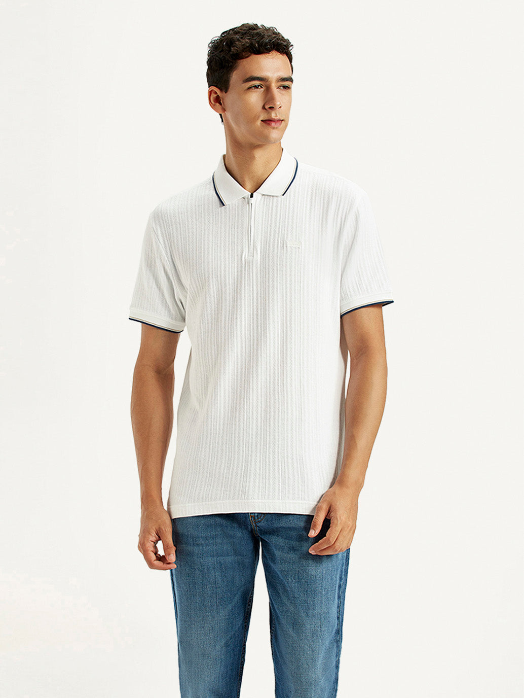 Men's Solid White Slim Fit Polo T-shirt - Front View