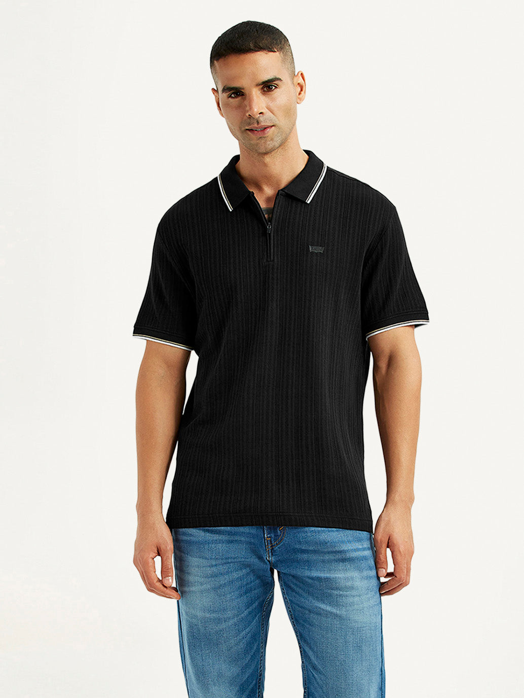 Men's Self Design Black Slim Fit Polo T-Shirt - Styleshot View
