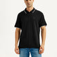 Men's Self Design Black Slim Fit Polo T-Shirt - Front View
