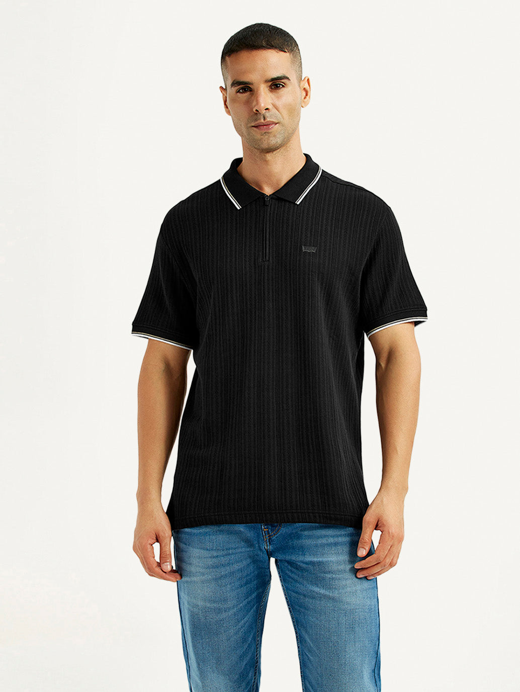 Men's Self Design Black Slim Fit Polo T-Shirt
