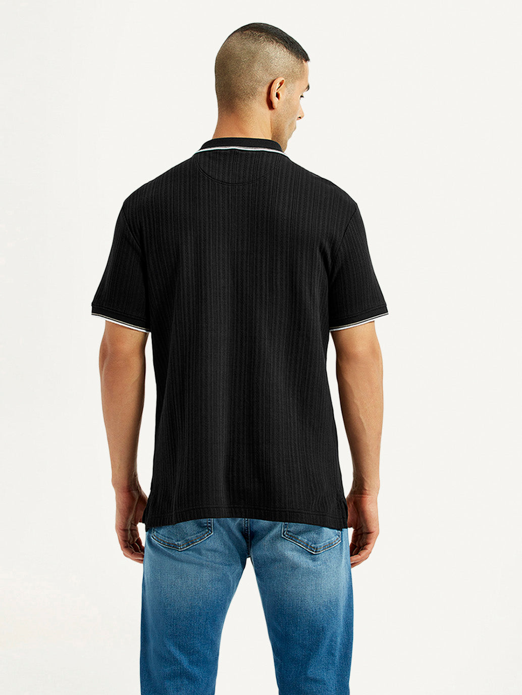 Men's Self Design Black Slim Fit Polo T-Shirt - Back View