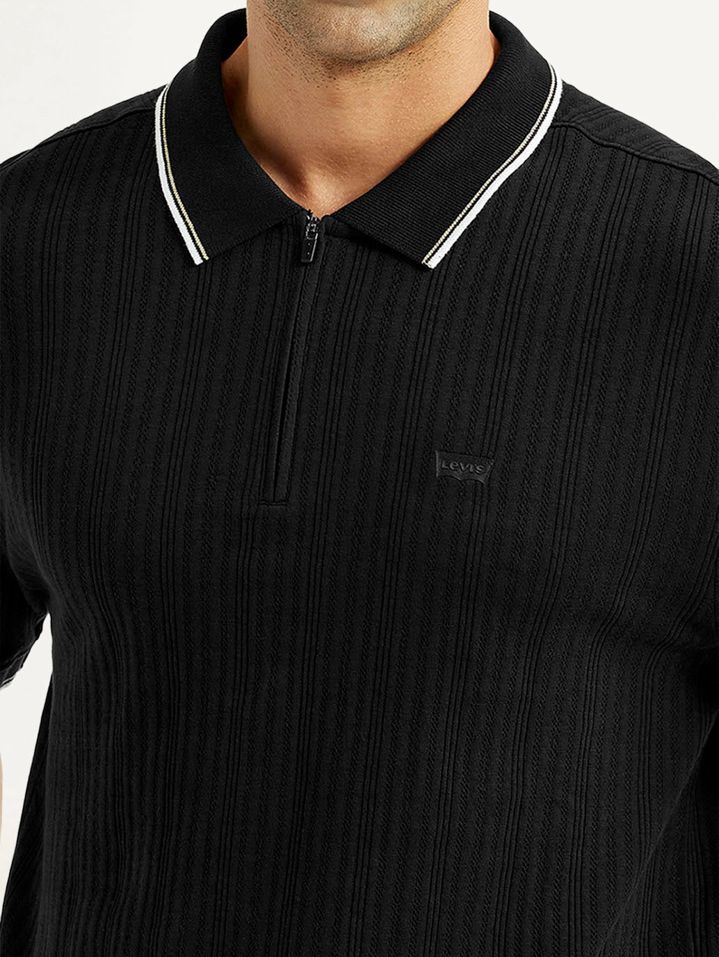 Men's Self Design Black Slim Fit Polo T-Shirt - Detail View
