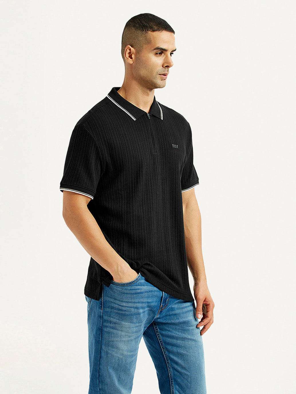 Men's Self Design Black Slim Fit Polo T-Shirt - Side View