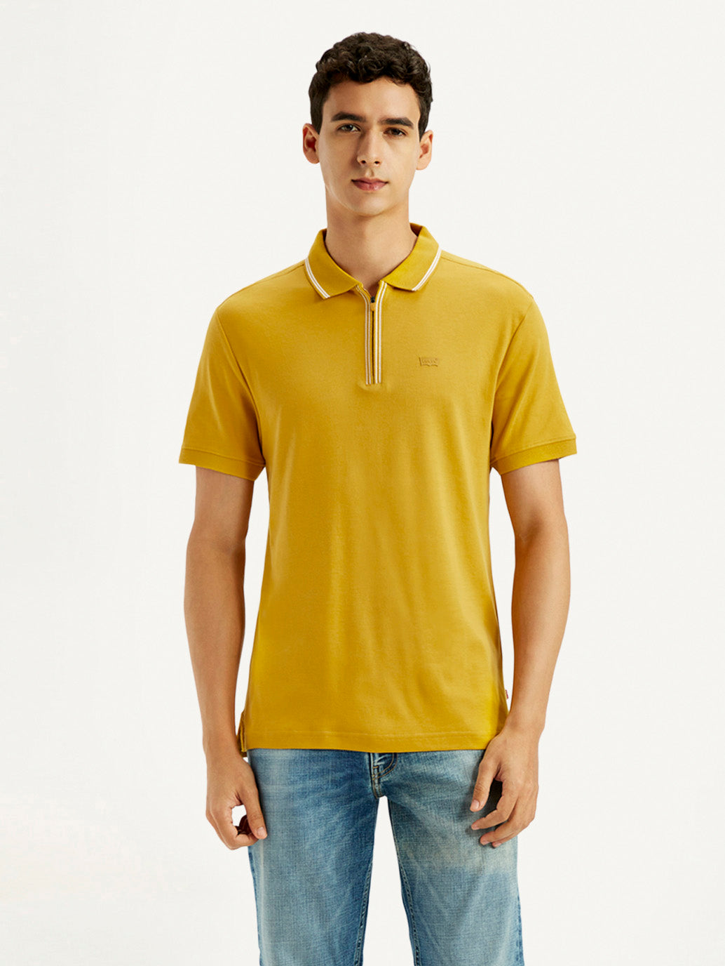 Men's Solid Yellow Slim Fit Polo T-shirt - Front View