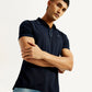 Men's Solid Navy Slim Fit Polo T-shirt - Elevated View