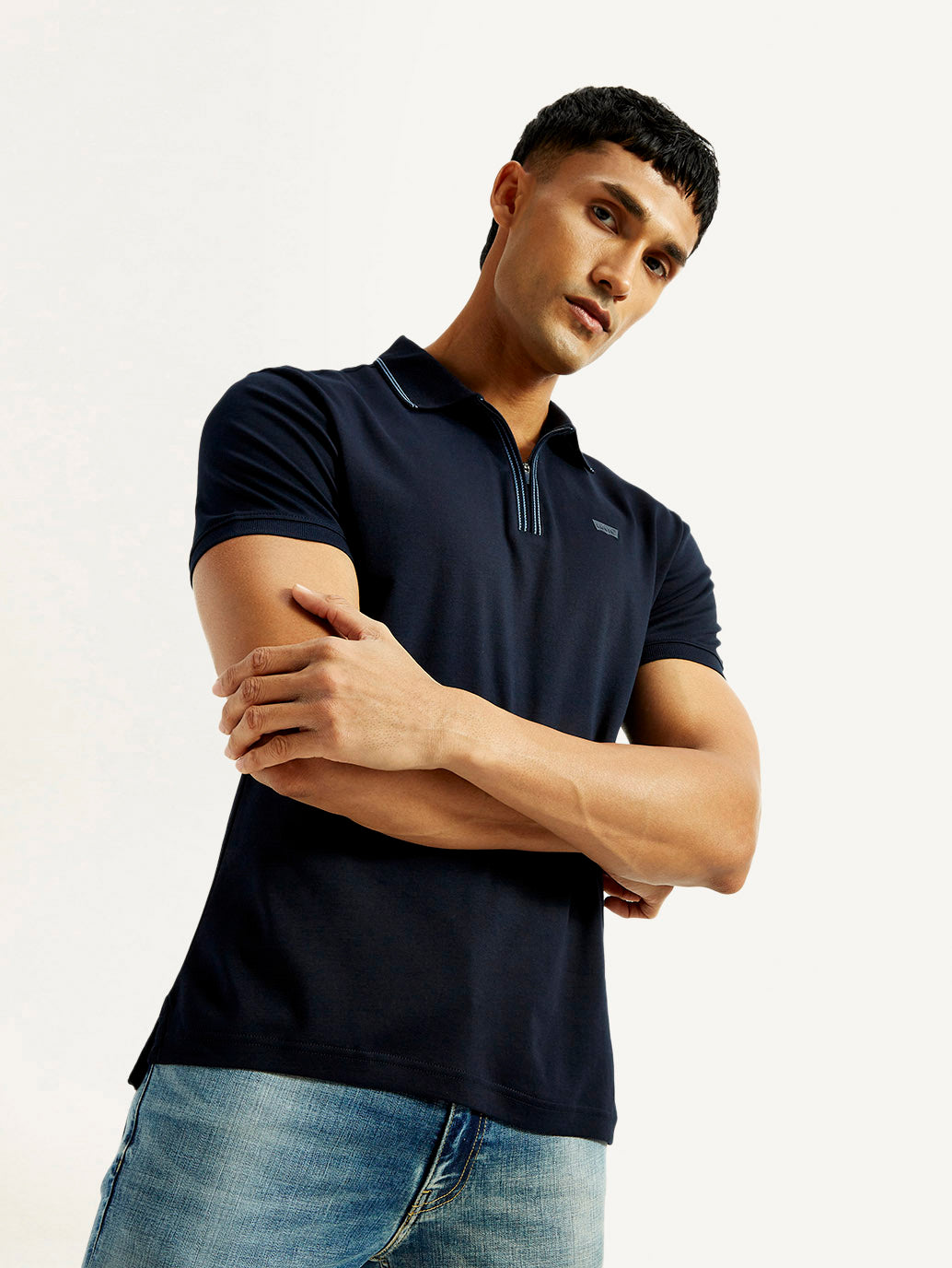 Men's Solid Navy Slim Fit Polo T-shirt - Elevated View