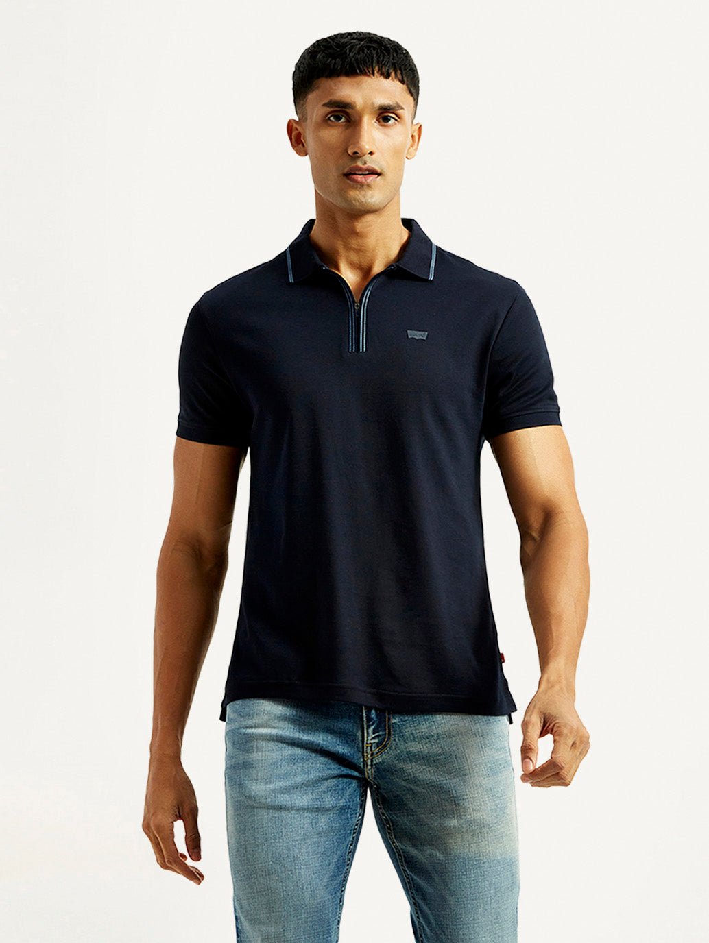 Men's Solid Navy Slim Fit Polo T-shirt - Front View