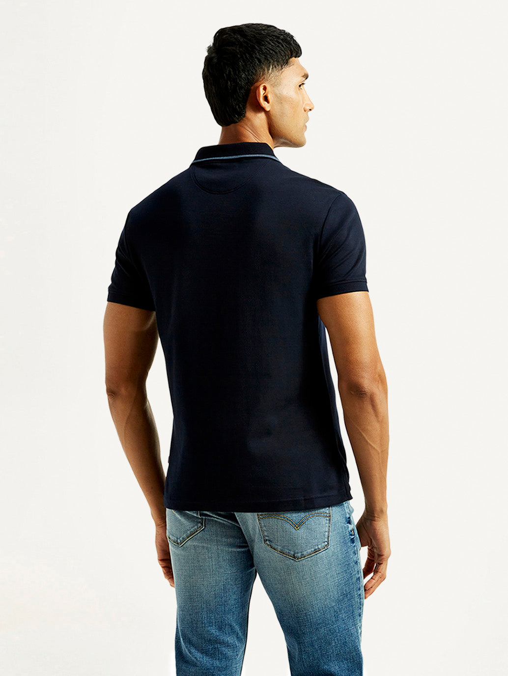 Men's Solid Navy Slim Fit Polo T-shirt - Back View