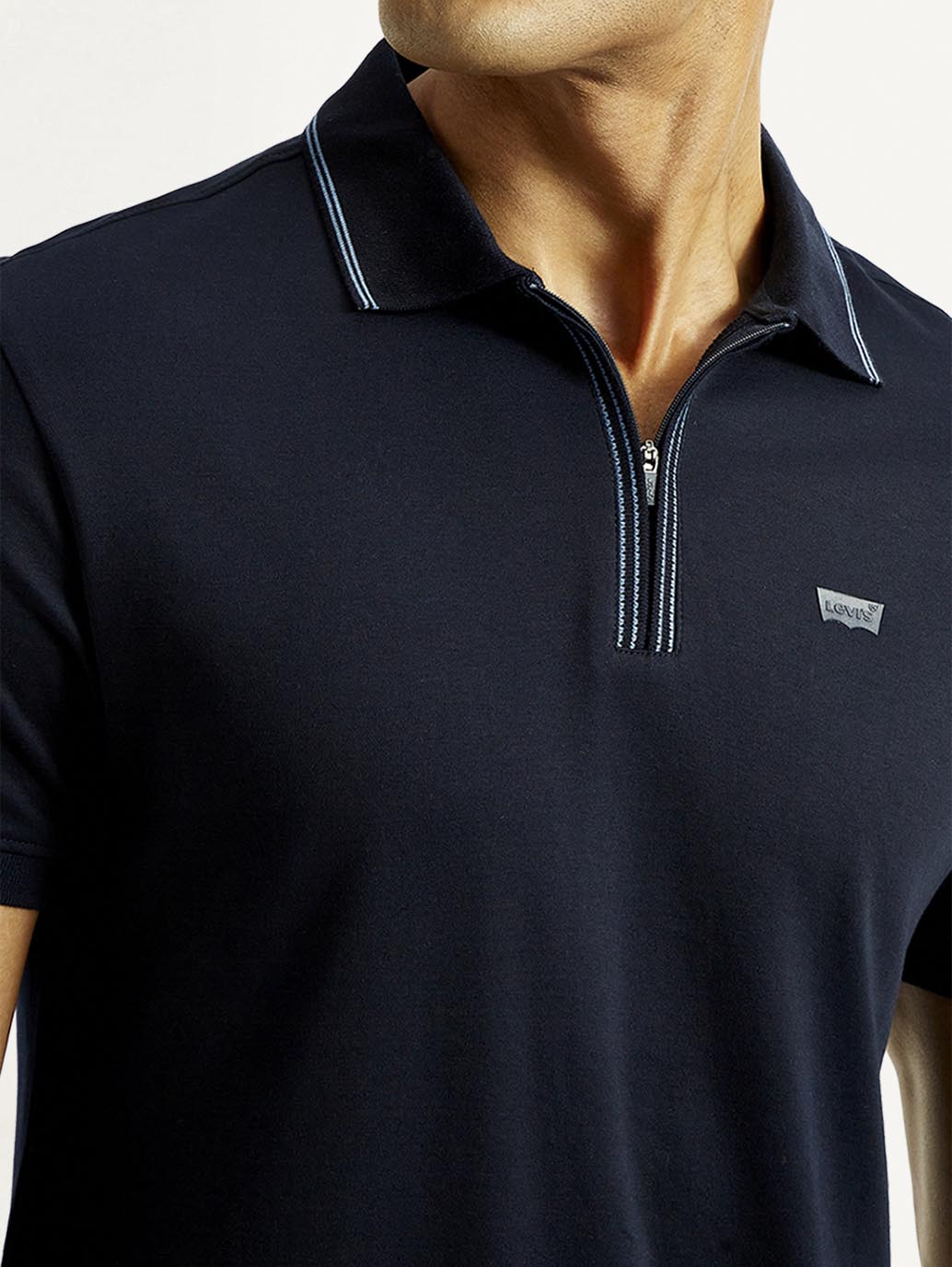 Men's Solid Navy Slim Fit Polo T-shirt - Detail View