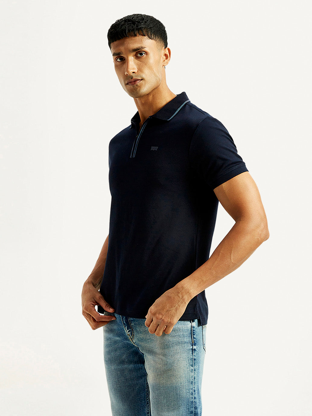 Men's Solid Navy Slim Fit Polo T-shirt - Side View