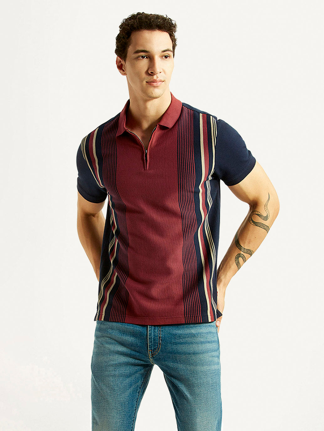 Men's Striped Maroon Slim Fit Polo T-shirt - Styleshot View