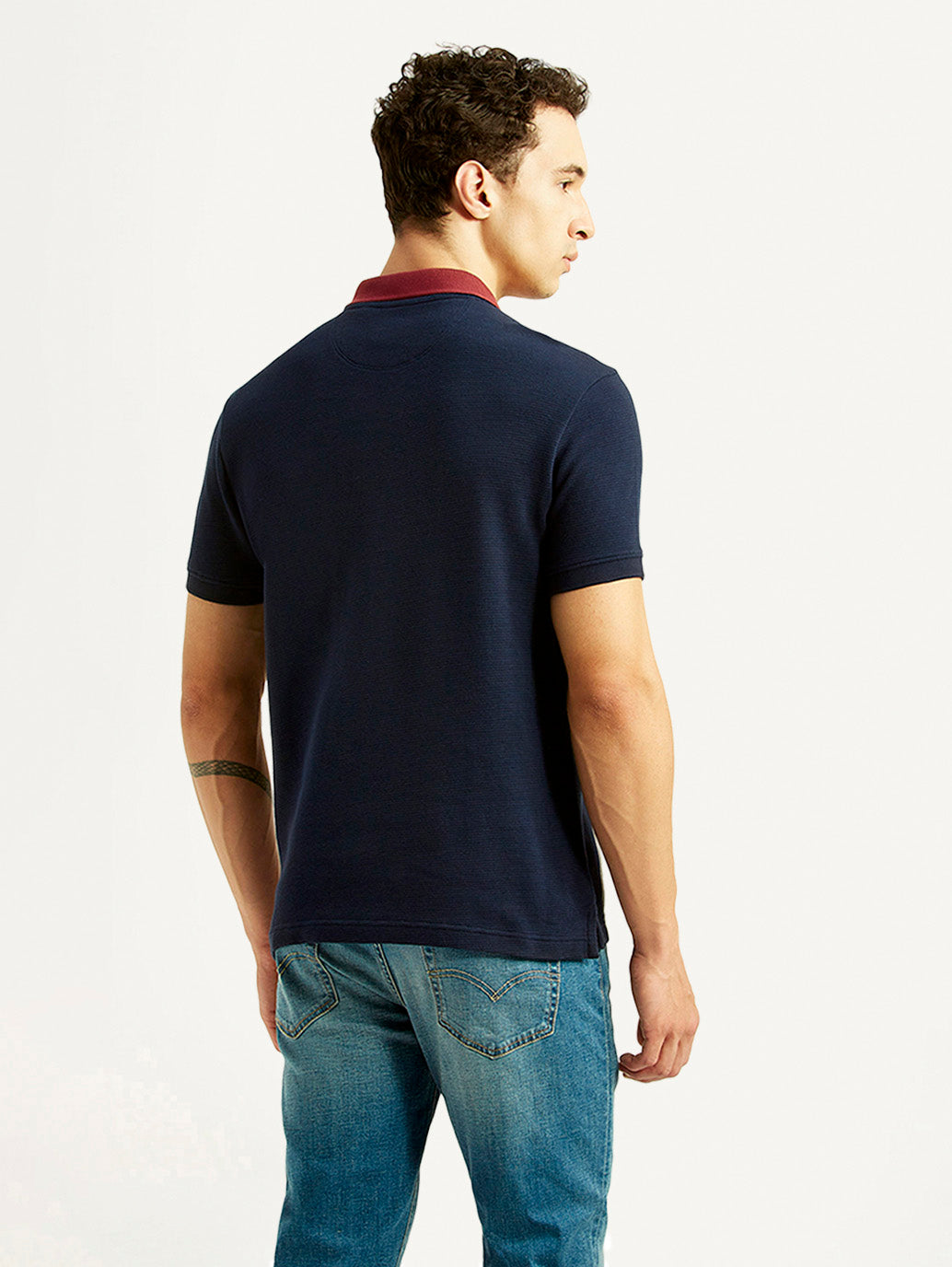 Men's Striped Maroon Slim Fit Polo T-shirt - Back View