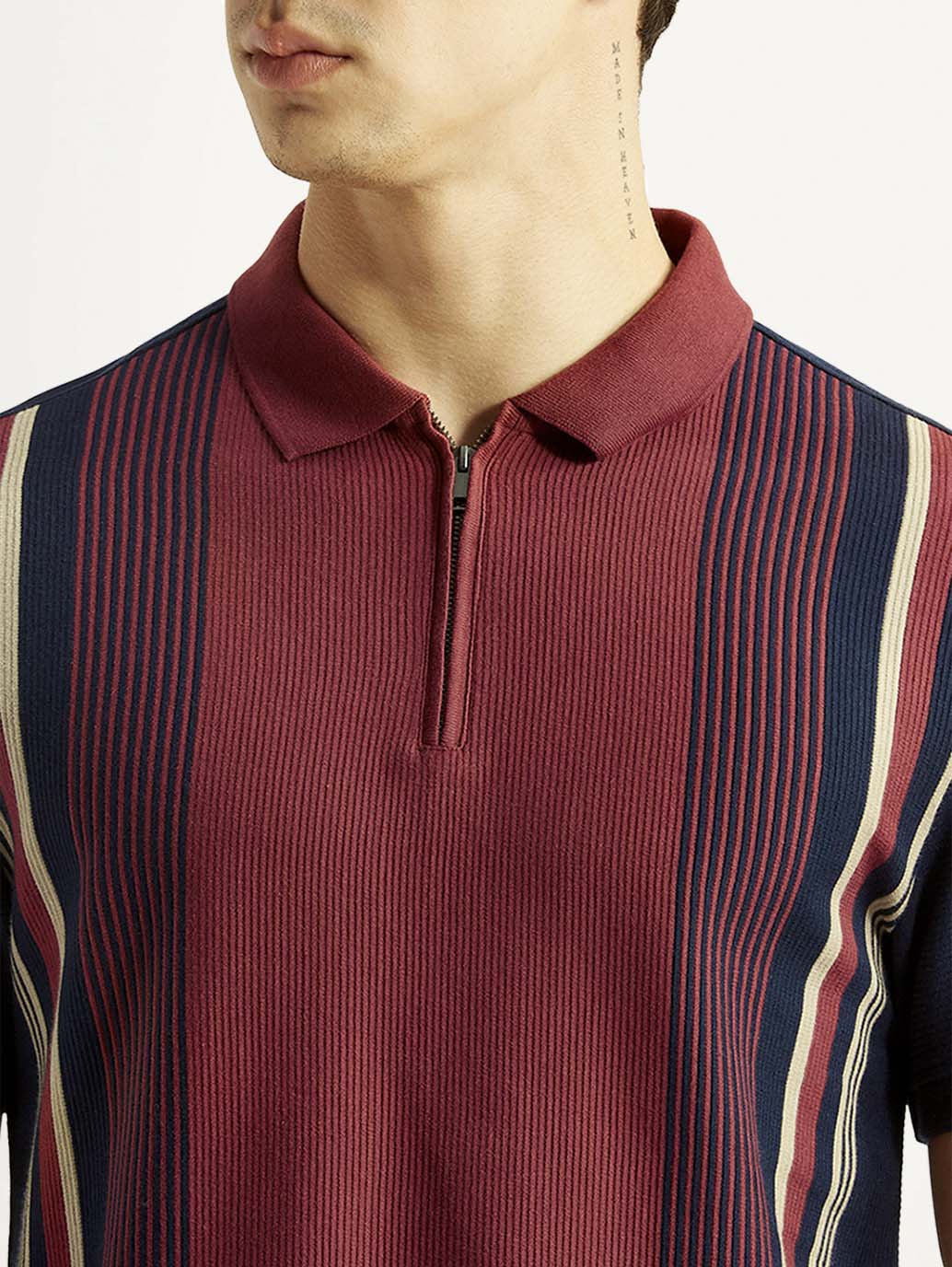 Men's Striped Maroon Slim Fit Polo T-shirt - Detail View