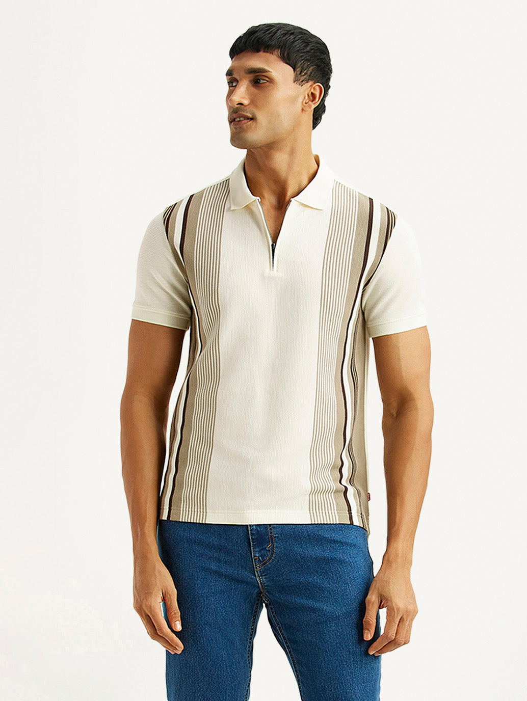Men's Striped Off White Slim Fit Polo T-shirt - Styleshot View