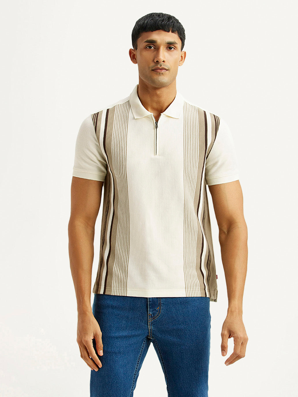 Men's Striped Off White Slim Fit Polo T-shirt - Front View
