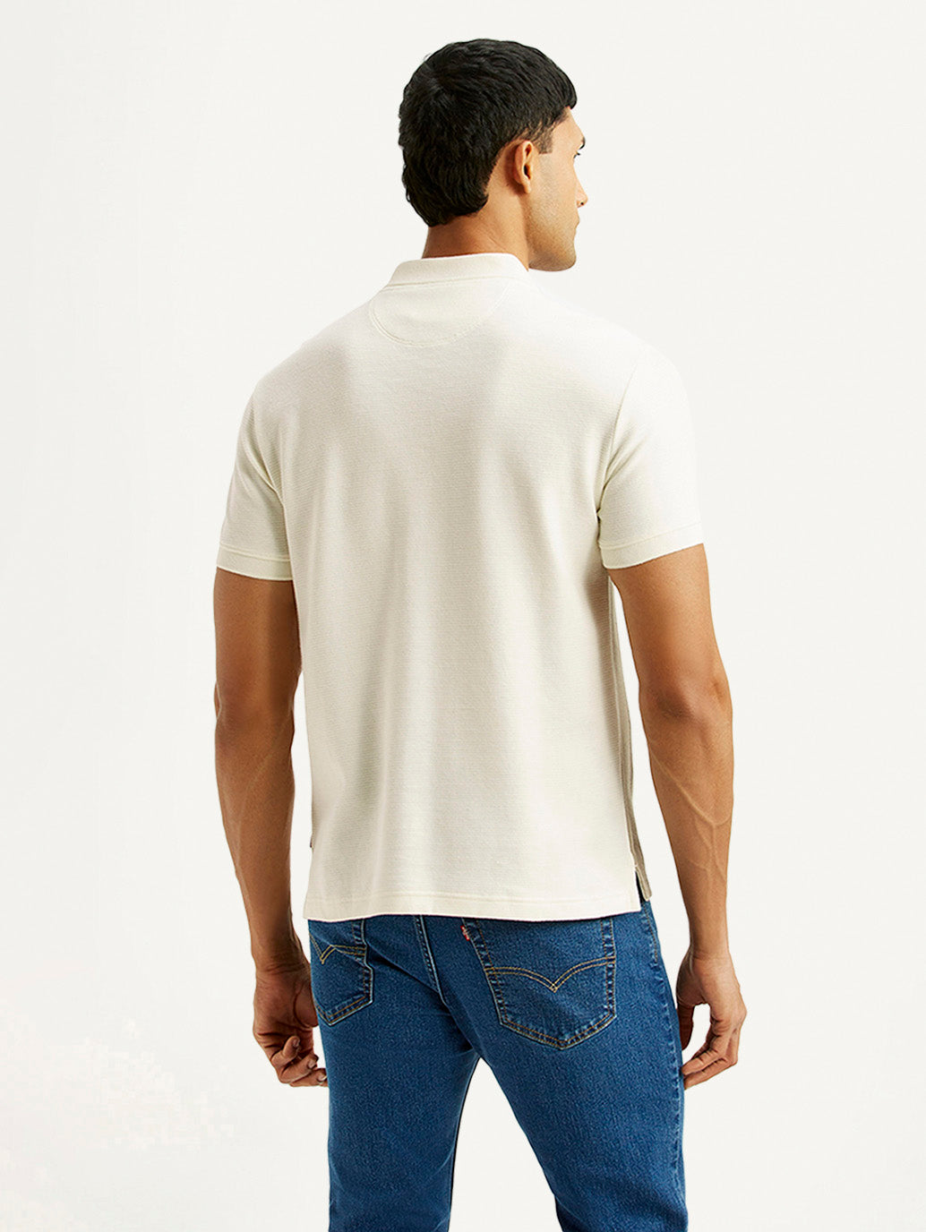 Men's Striped Off White Slim Fit Polo T-shirt - Back View