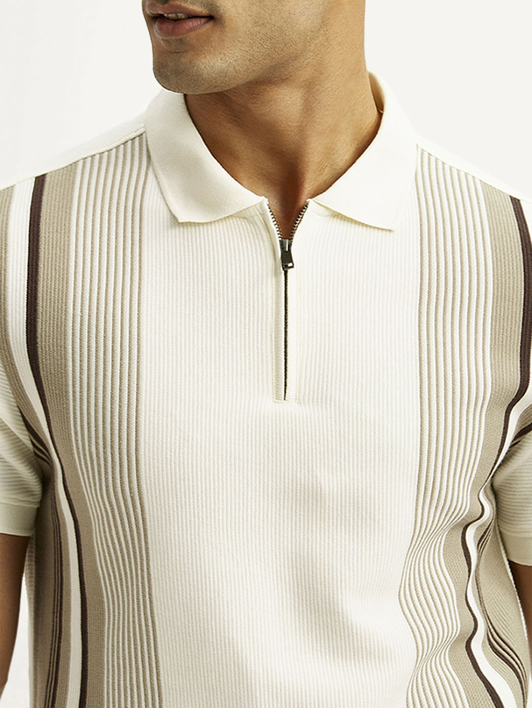 Men's Striped Off White Slim Fit Polo T-shirt - Detail View