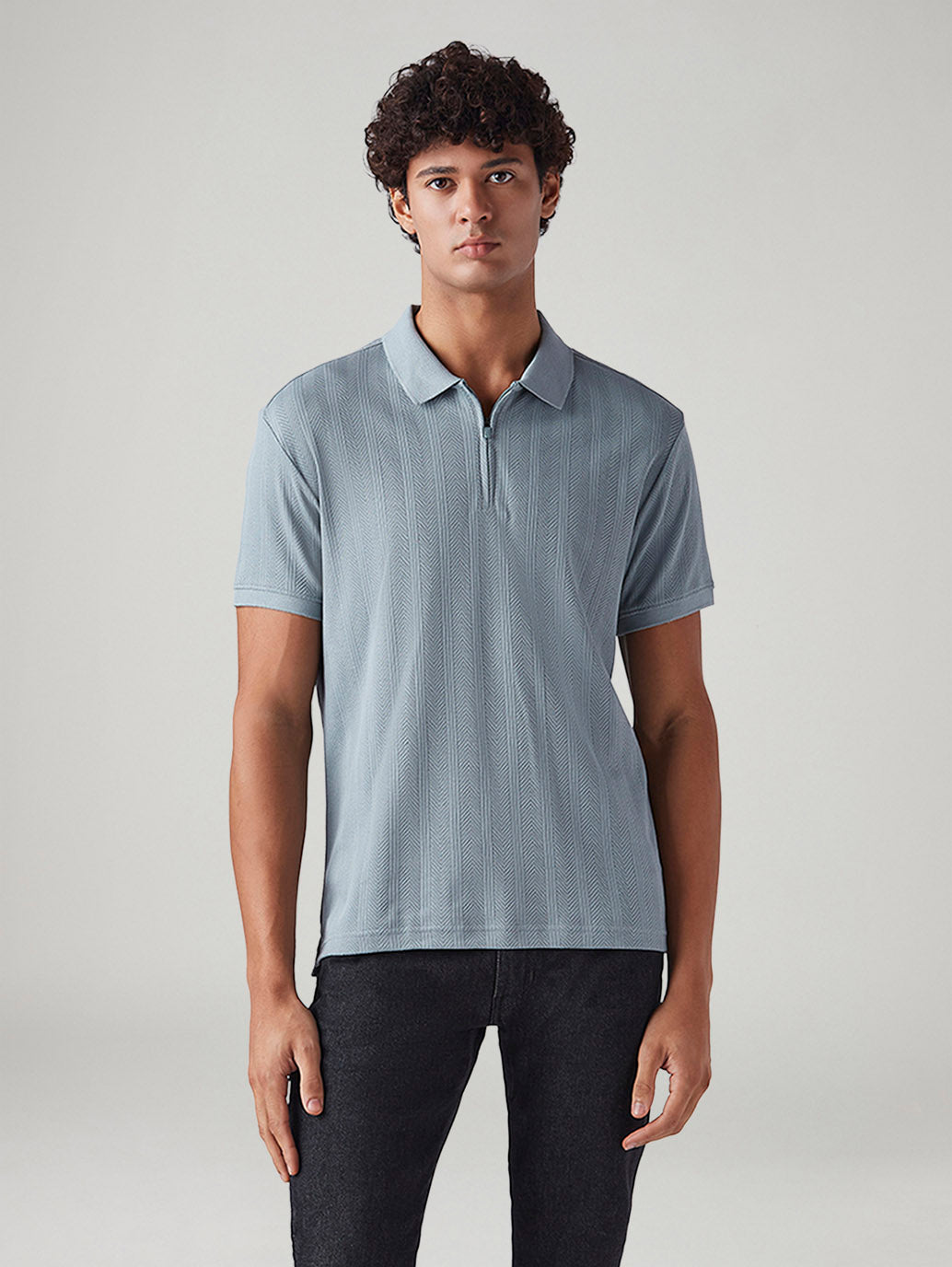 Men's Textured Slim Fit Jacquard Polo T-Shirt - Front View