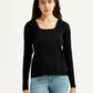 Women's Solid Black Square Neck Top - Front View