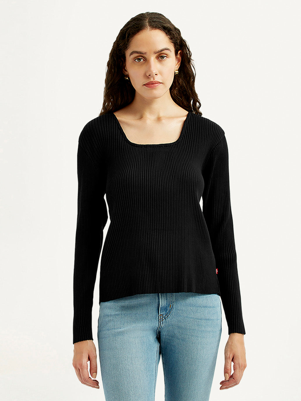 Women's Solid Black Square Neck Top - Front View