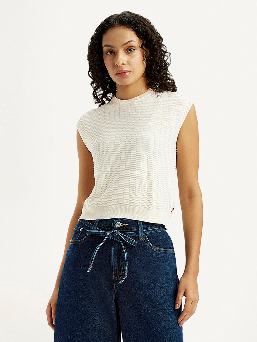 Women's Self Design Off White Crew Neck Top - Styleshot View