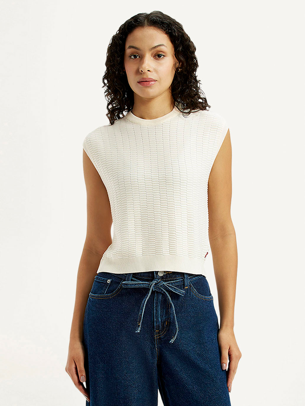 Women's Self Design Off White Crew Neck Top