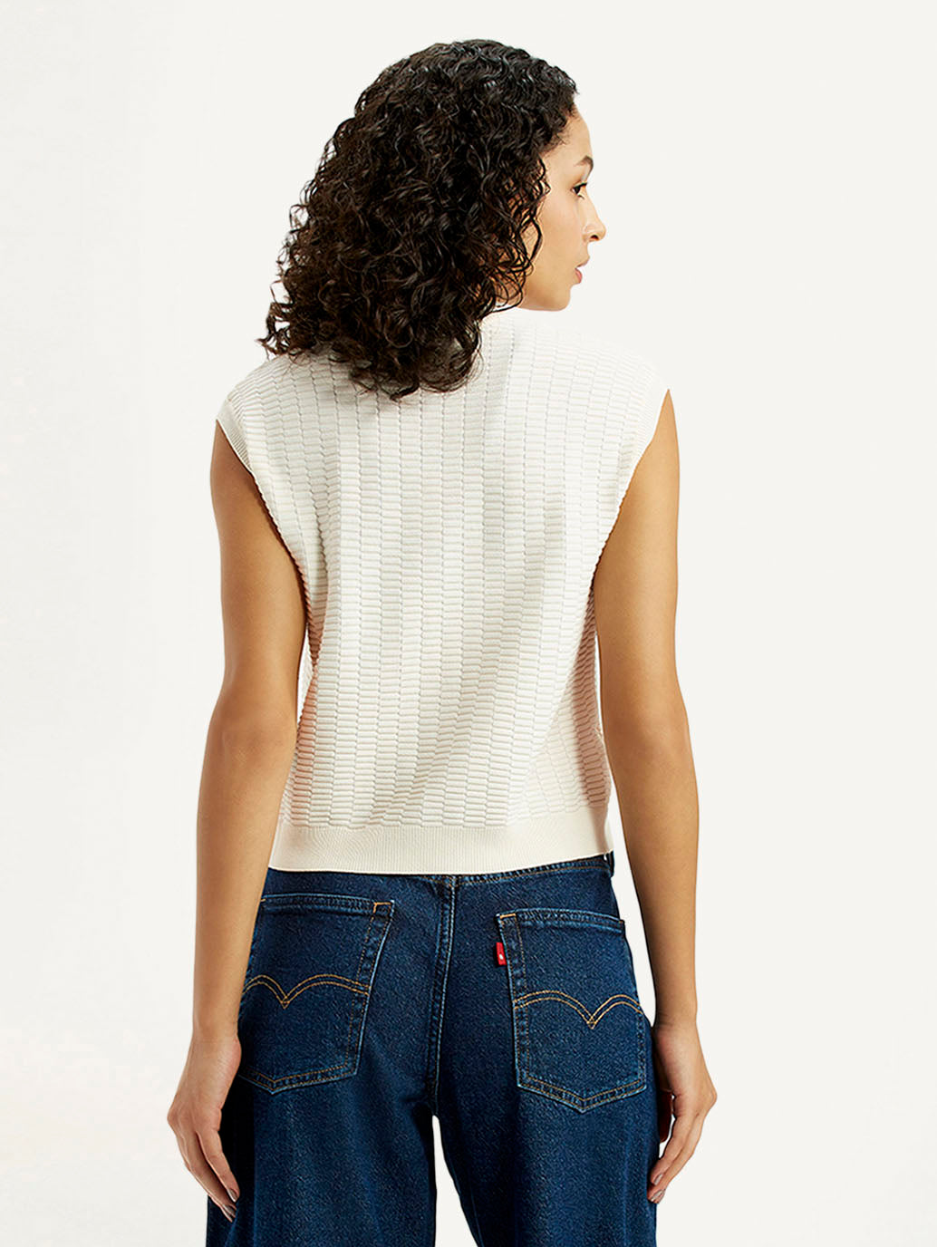 Women's Self Design Off White Crew Neck Top - Back View