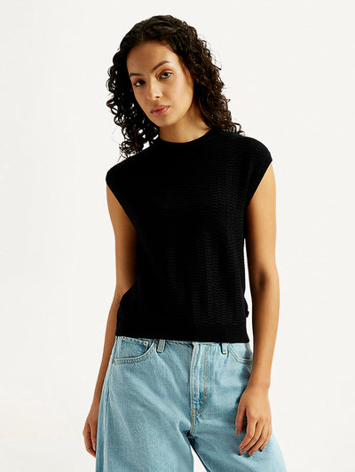 Women's Textured Black Crew Neck Top