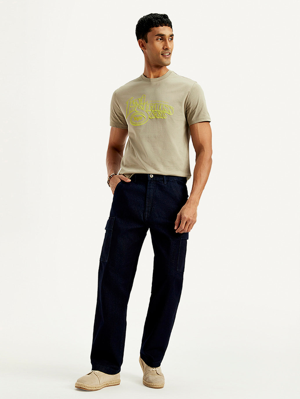 Men's Dark Indigo Tapered Fit Denim Cargo Trousers - Styleshot View