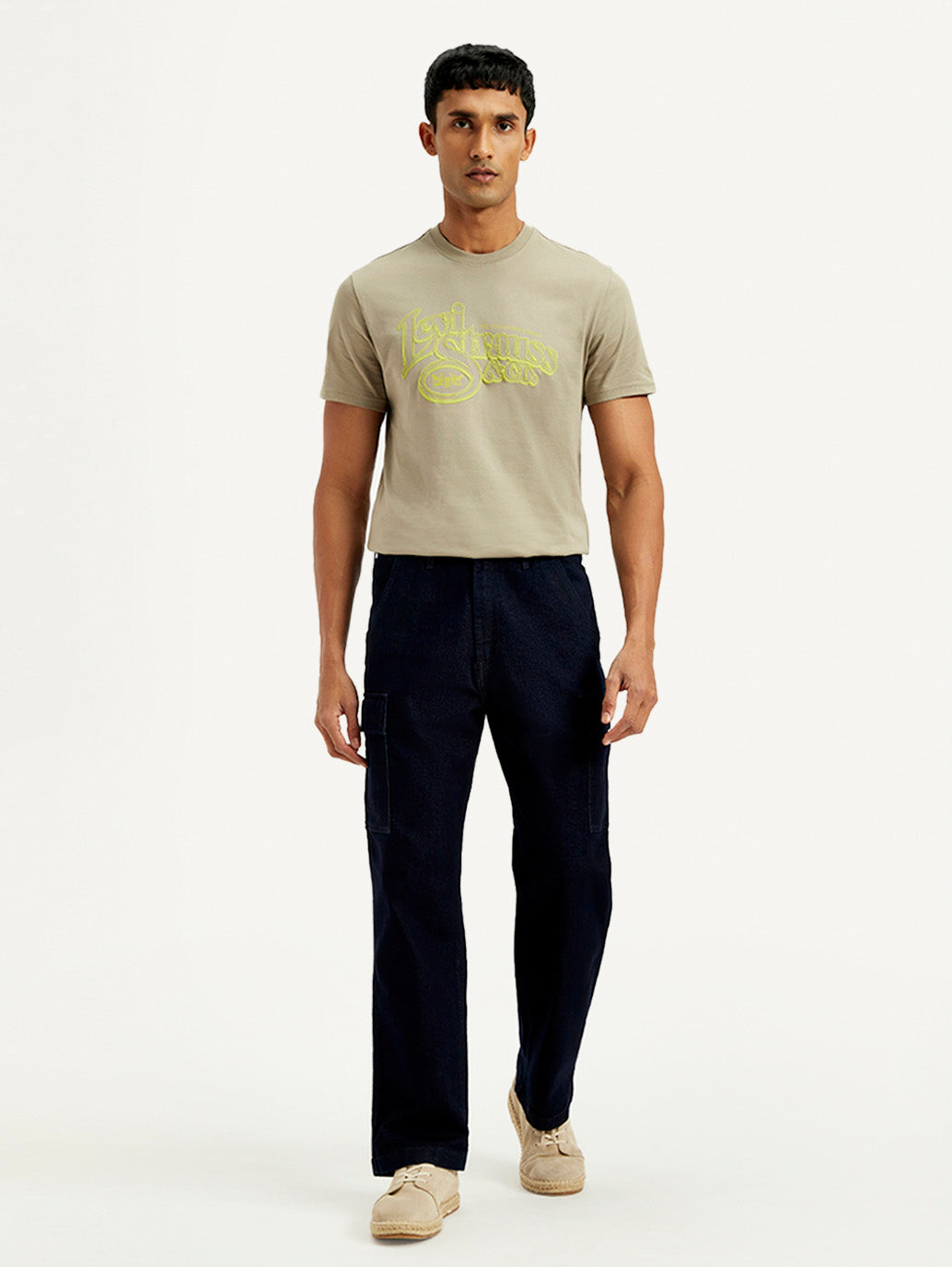 Men's Dark Indigo Tapered Fit Denim Cargo Trousers - Front View