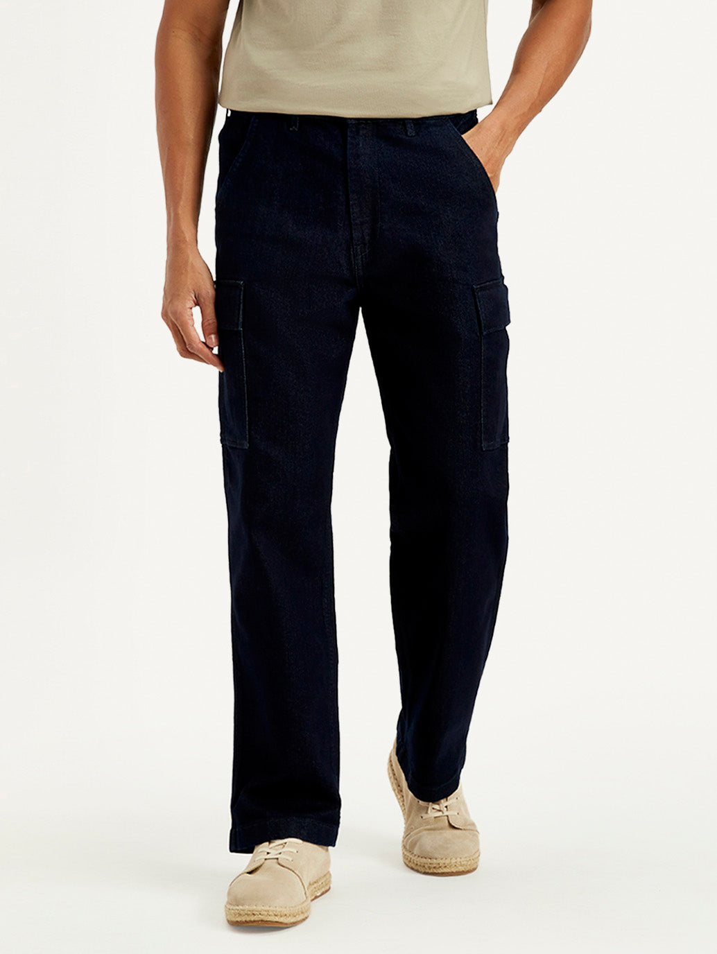 Men's Dark Indigo Tapered Fit Denim Cargo Trousers - Front View
