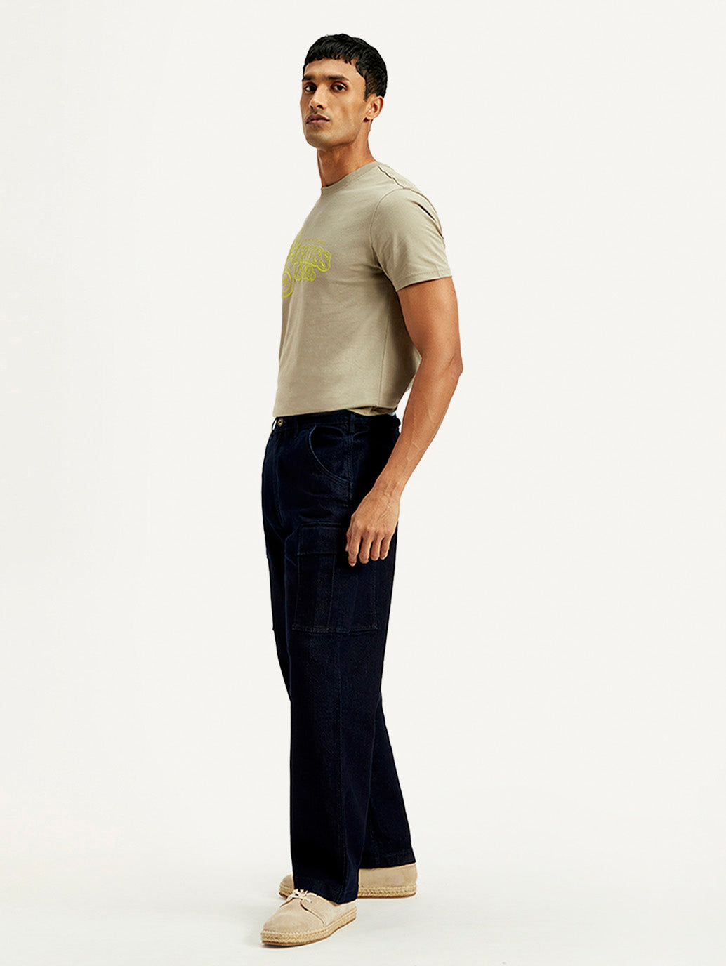 Men's Dark Indigo Tapered Fit Denim Cargo Trousers - Side View