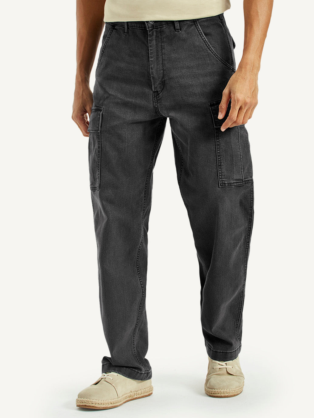 Men's Black Tapered Fit Mid Rise Cargo Jeans - Front View