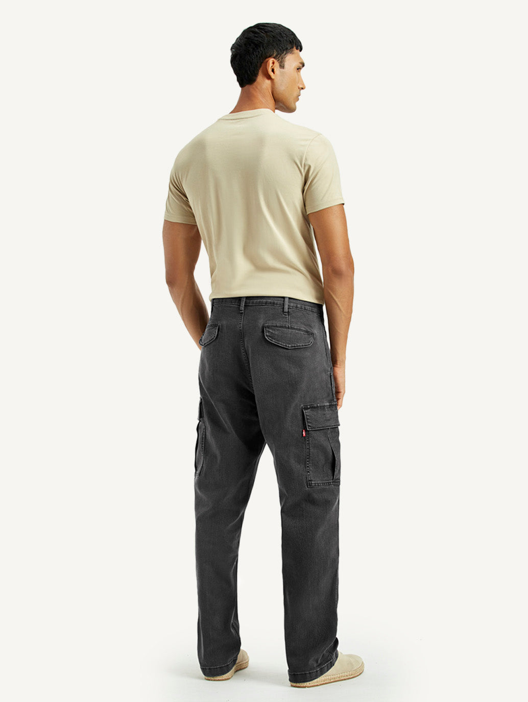Men's Black Tapered Fit Mid Rise Cargo Jeans - Back View
