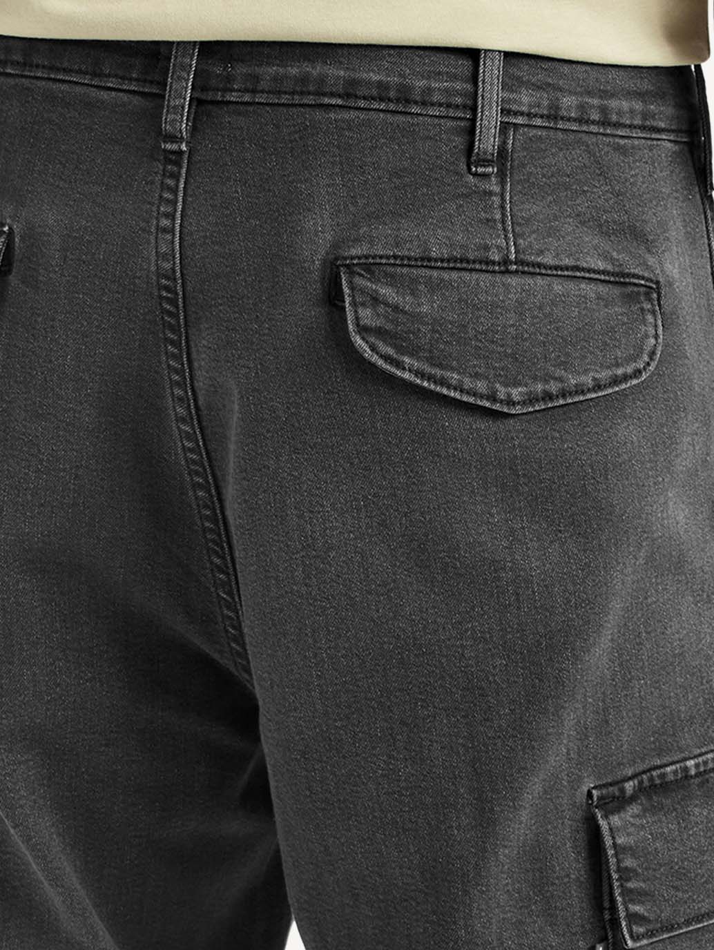 Men's Black Tapered Fit Mid Rise Cargo Jeans - Detail View