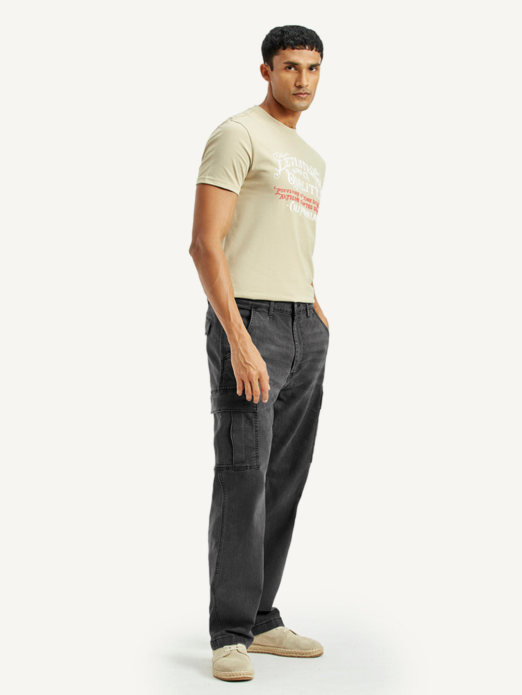 Men's Black Tapered Fit Mid Rise Cargo Jeans - Side View