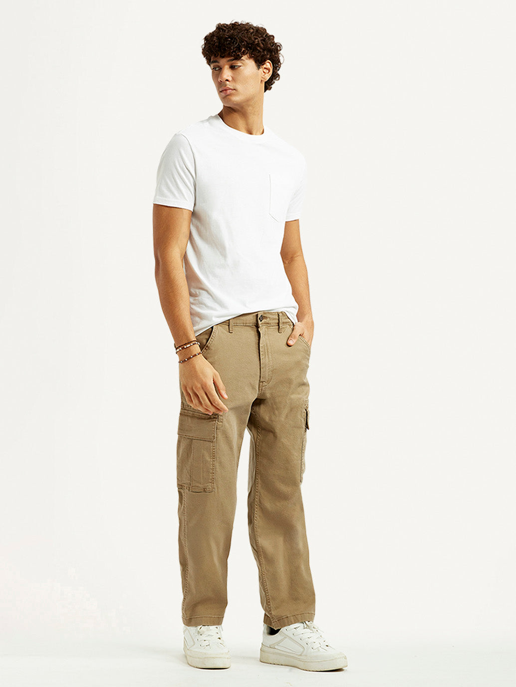 Men's Khaki Overdyed Tapered Fit Mid Rise Cargo Trousers - Styleshot View