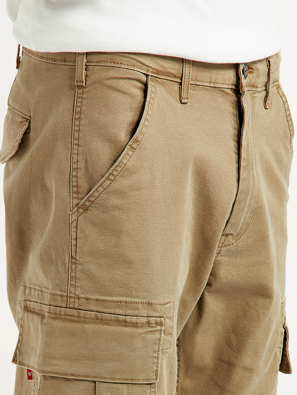 Men's Khaki Overdyed Tapered Fit Mid Rise Cargo Trousers - Detail View