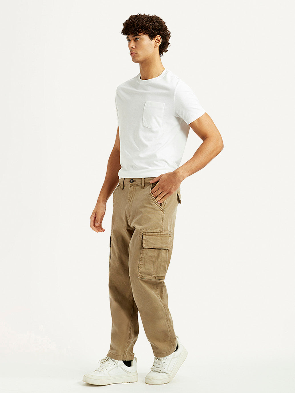 Men's Khaki Overdyed Tapered Fit Mid Rise Cargo Trousers - Side View