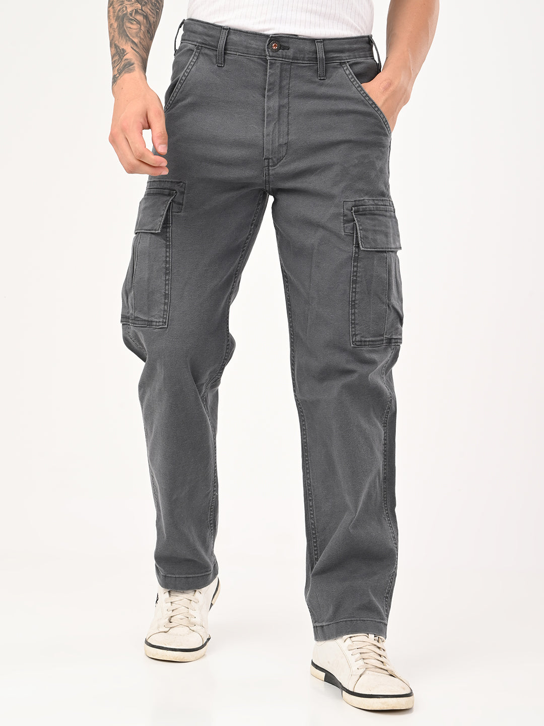 Men's Grey Tapered Fit Mid Rise Overdyed Cargos - jpg View