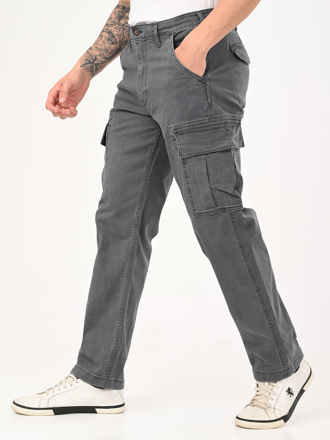 Men's Grey Tapered Fit Mid Rise Overdyed Cargos - jpg View