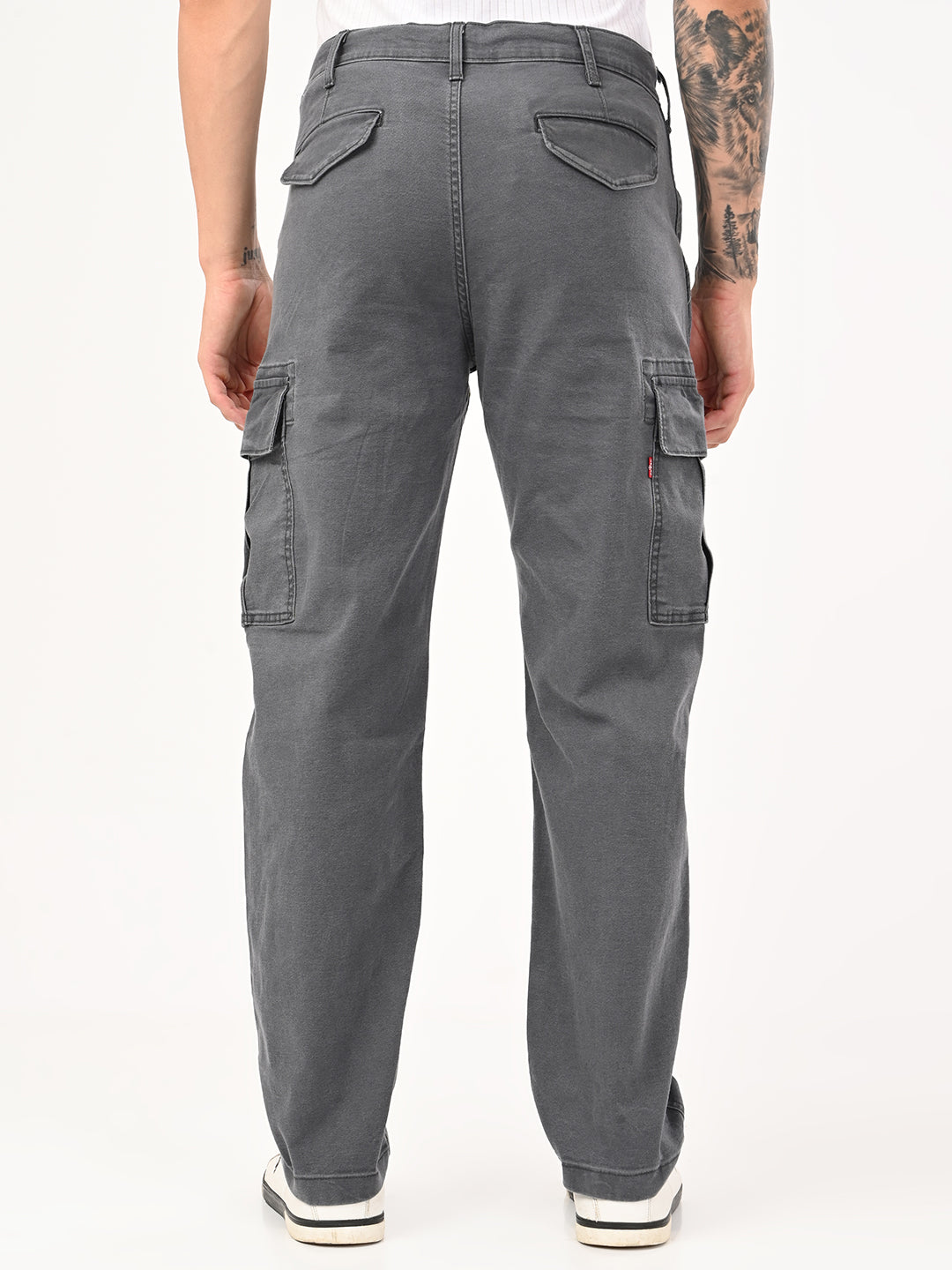 Men's Grey Tapered Fit Mid Rise Overdyed Cargos - bac View